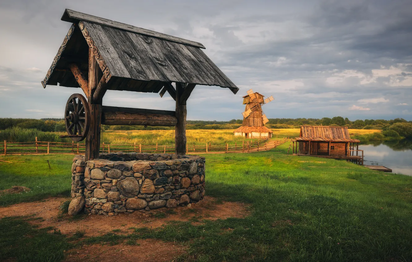 Photo wallpaper clouds, green grass, horizon, structure, Andrew, windmill, The old well