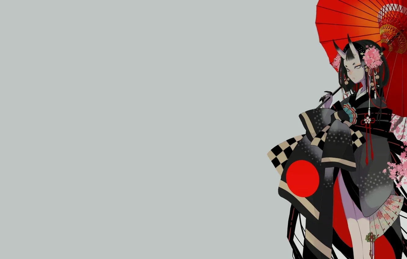 Photo wallpaper umbrella, anime, Japan, horns, Japan, kimono, manga, light background