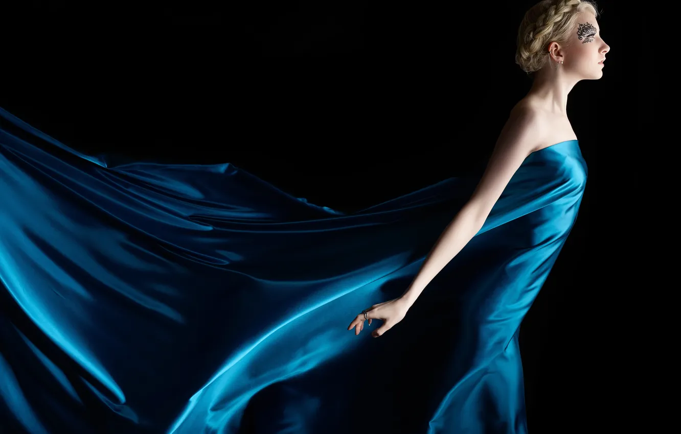 Photo wallpaper girl, ring, blonde, profile, braid, blue dress