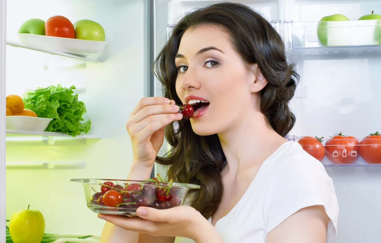 Photo wallpaper greens, look, girl, cherry, apples, refrigerator, brown hair, brown-eyed