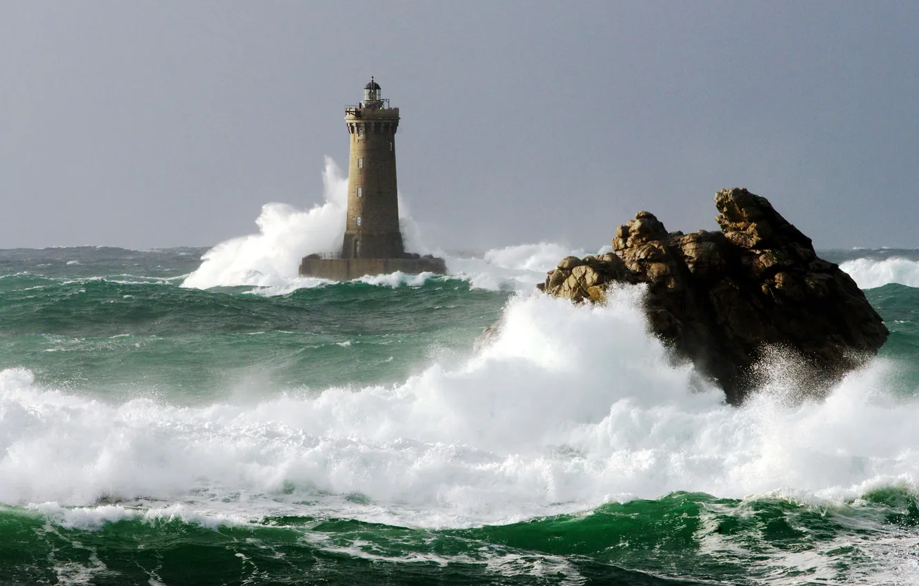 Photo wallpaper sea, wave, the sky, nature, rocks, lighthouse
