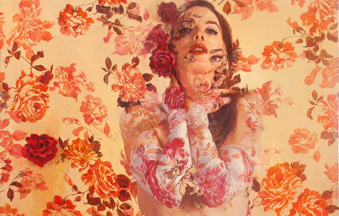 Photo wallpaper girl, flowers, background