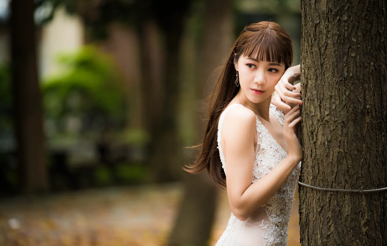 Photo wallpaper girl, trees, hair, Asian, cutie