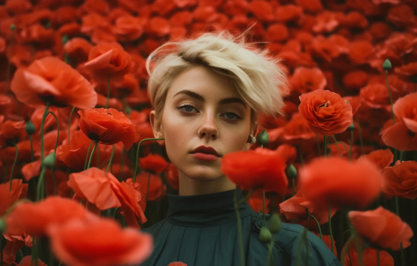 Photo wallpaper look, girl, flowers, red, haircut, Mac, Maki, portrait