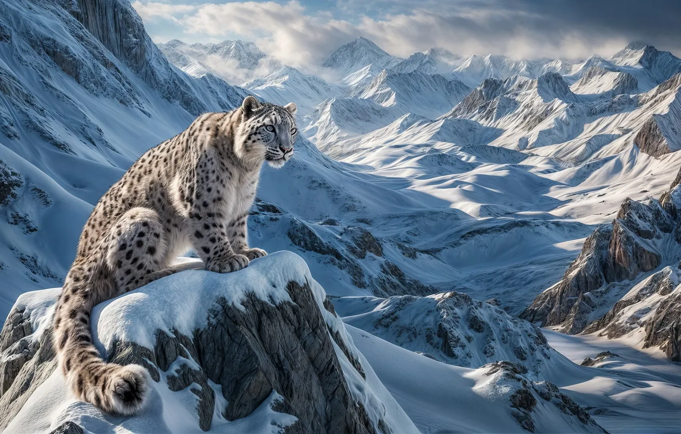 Photo wallpaper snow, mountains, IRBIS, snow leopard