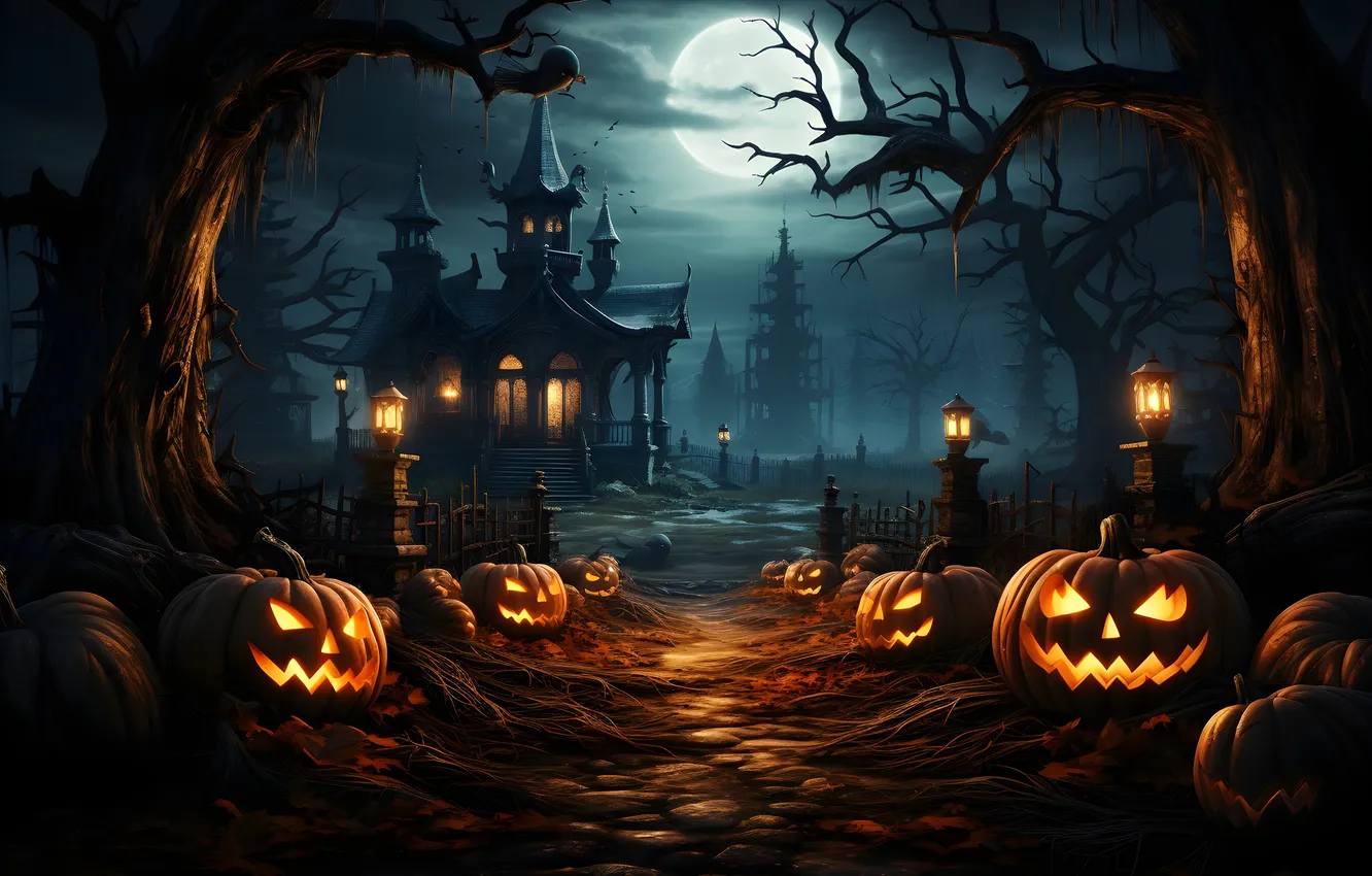 Photo wallpaper trees, night, clouds, lights, the moon, home, lights, track