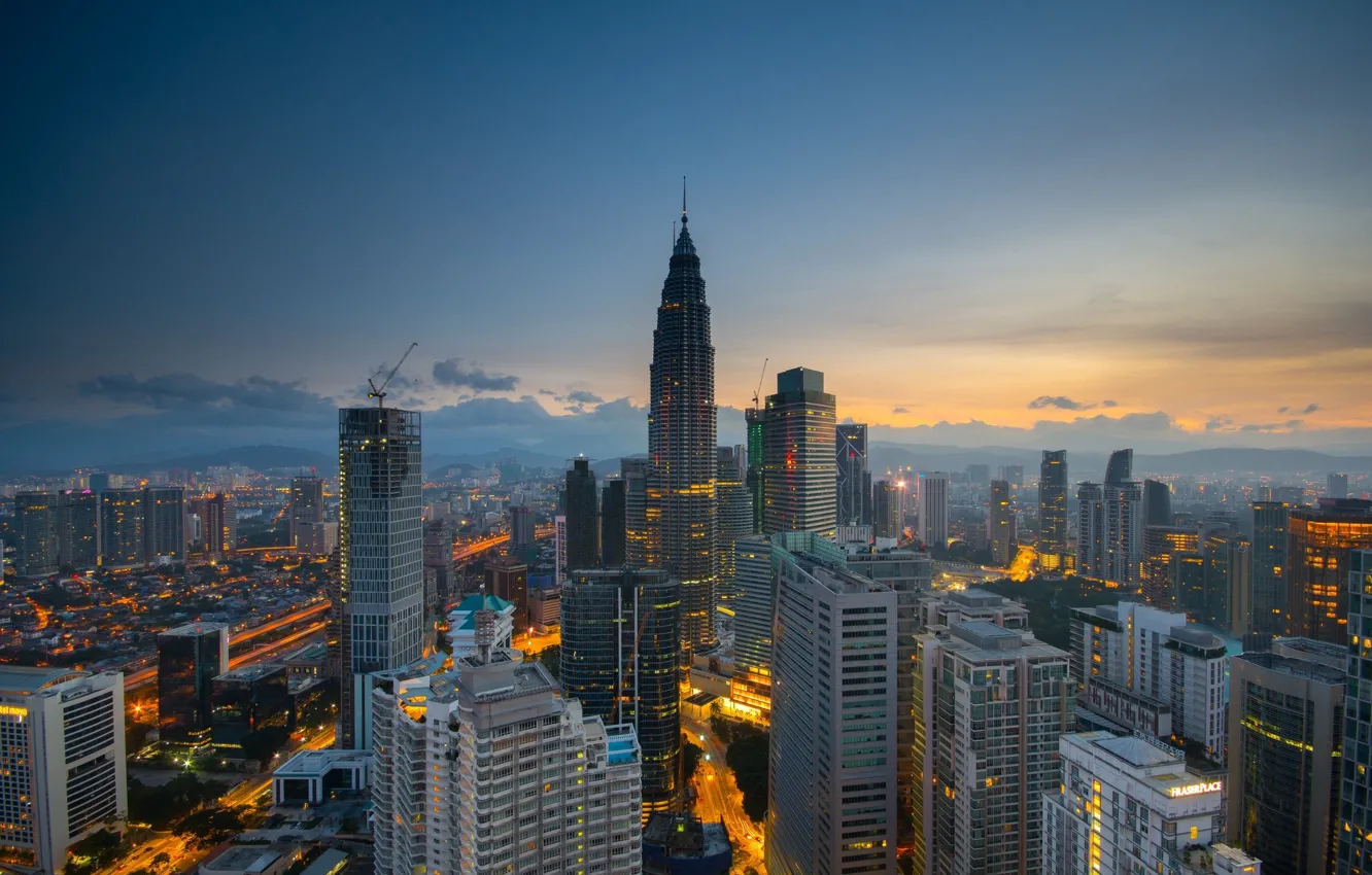 Photo wallpaper the sky, the city, crane, skyscrapers, Malaysia, Kuala Lumpur