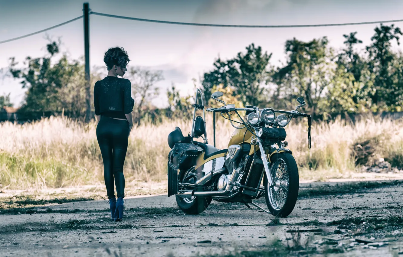Photo wallpaper girl, view, legs, motorcycle
