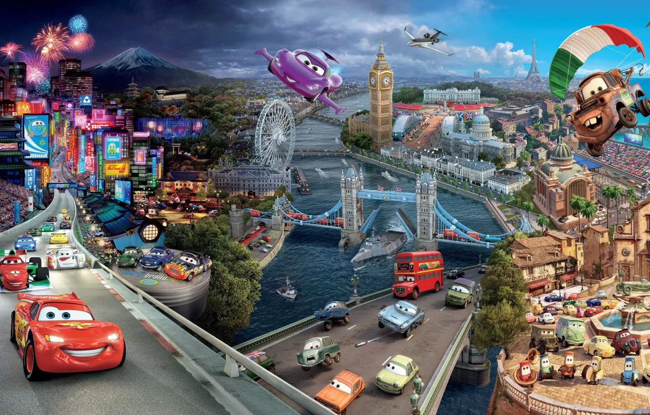 Photo wallpaper lightning, pixar, MACHINE, The CITY, HOME, ROAD, CARTOON, CARS 2