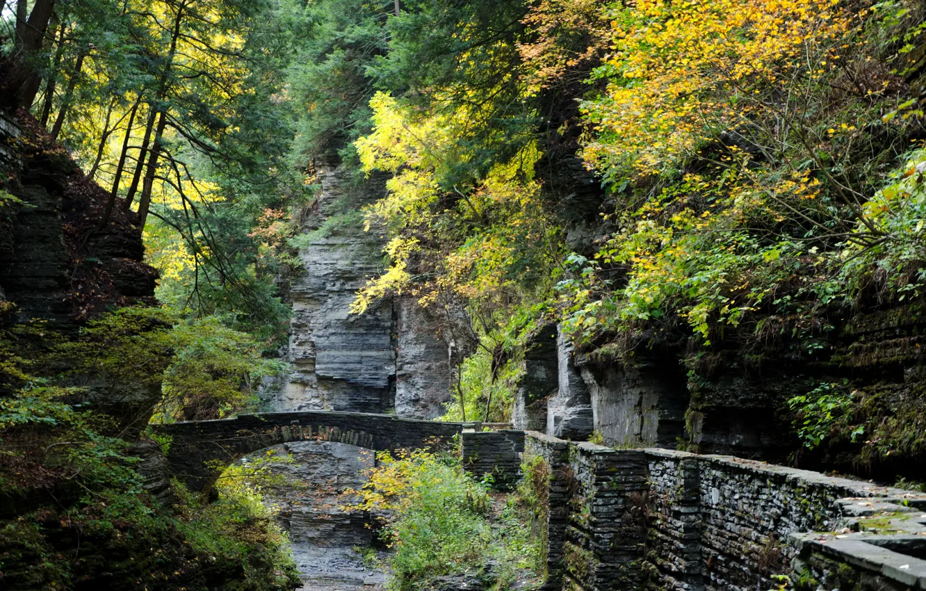 Photo wallpaper Bridge, Autumn, Rocks, USA, USA, Nature, Fall, Bridge