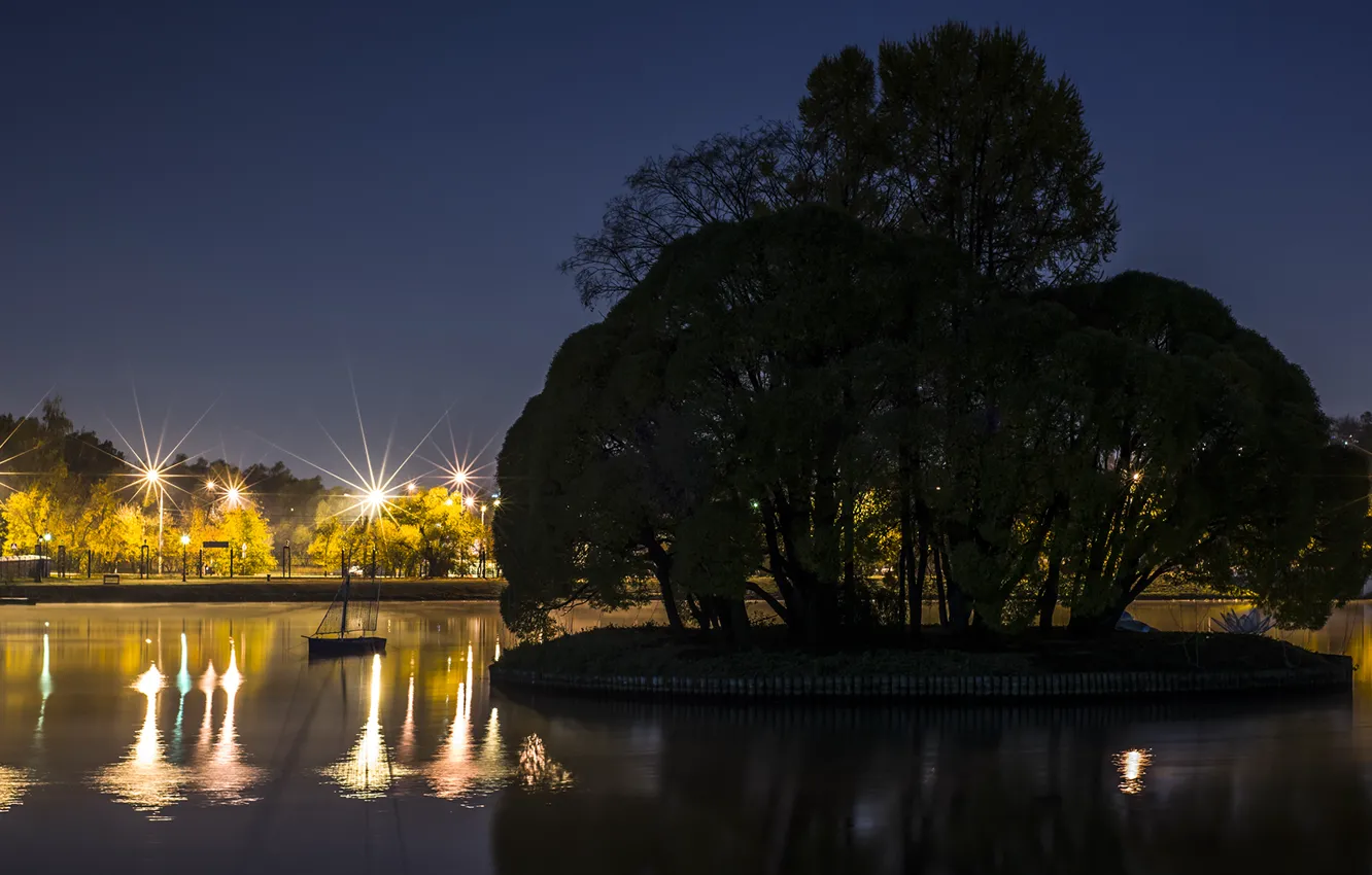 Photo wallpaper water, trees, landscape, night, lake, lights, twilight, island