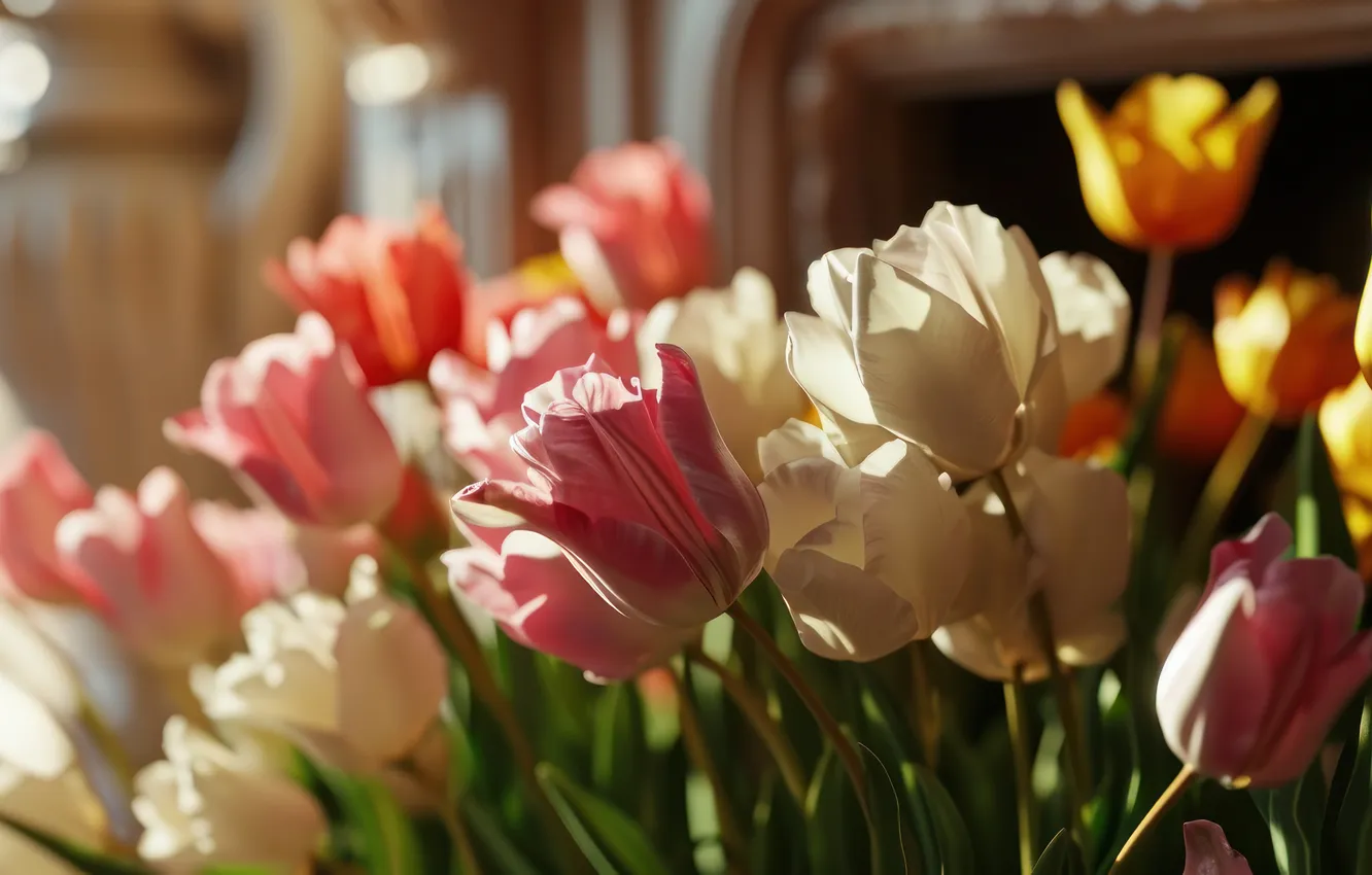 Photo wallpaper light, flowers, holiday, bouquet, tulips, AI art, universal holiday background, neural network