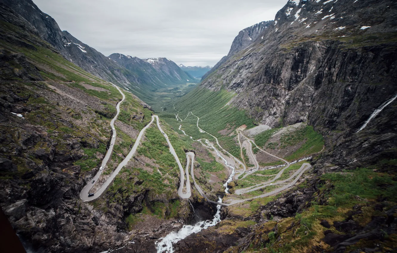Photo wallpaper road, landscape, mountains, river, valley, serpentine
