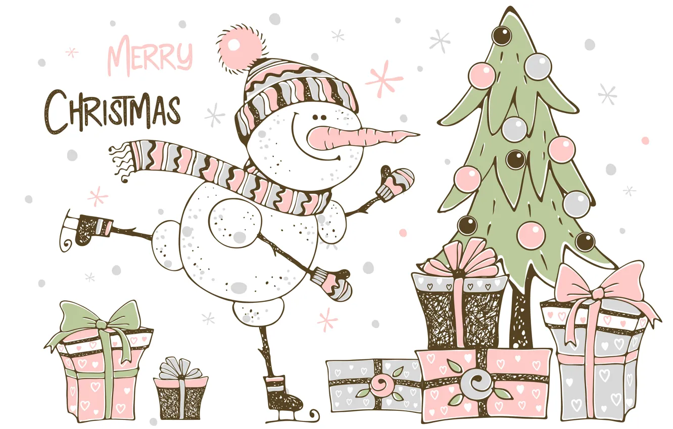 Photo wallpaper winter, tree, Christmas, snowman, christmas, postcard, snowman