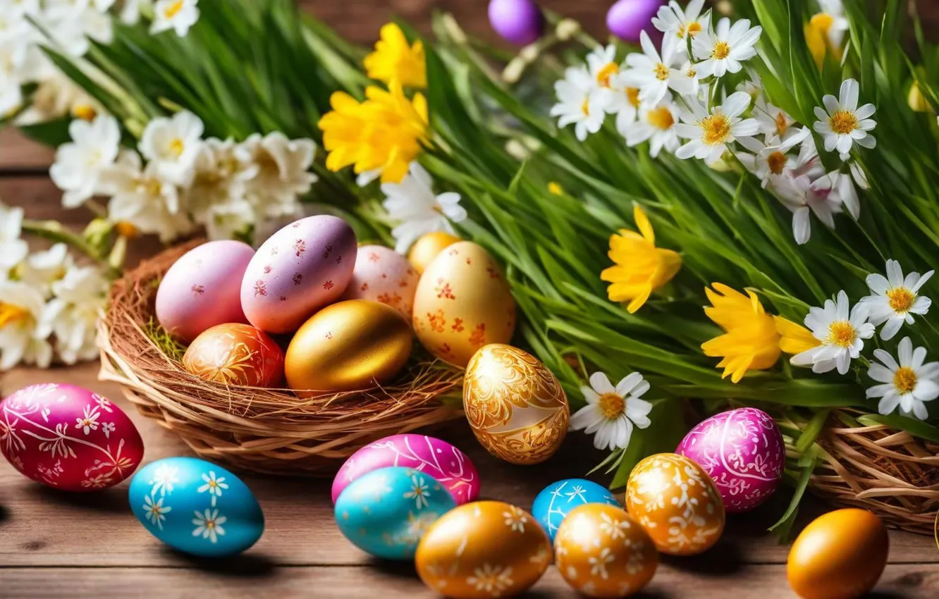 Photo wallpaper flowers, eggs, spring, colorful, Easter, flowers, spring, Easter