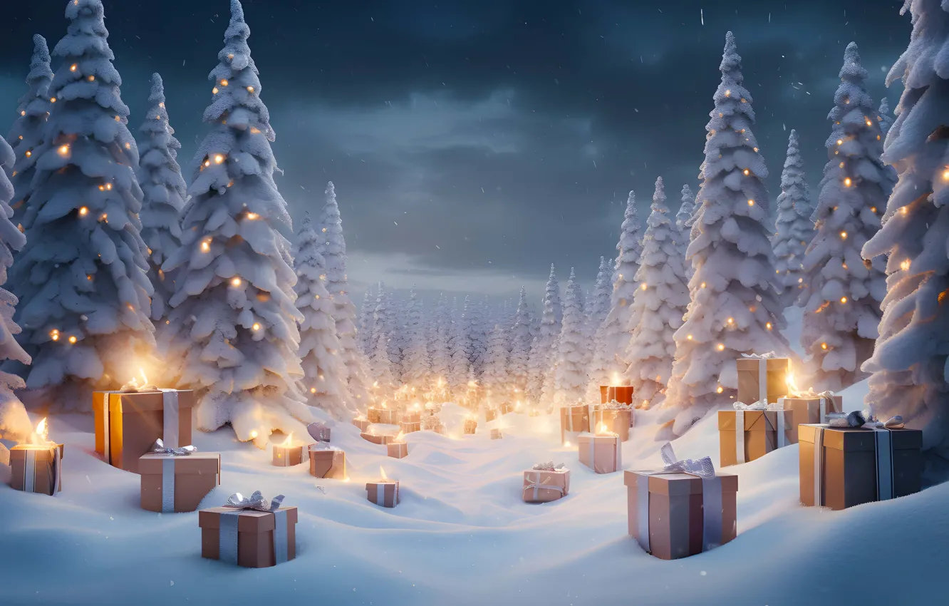 Photo wallpaper winter, forest, snow, box, gift, tree, new year, ate