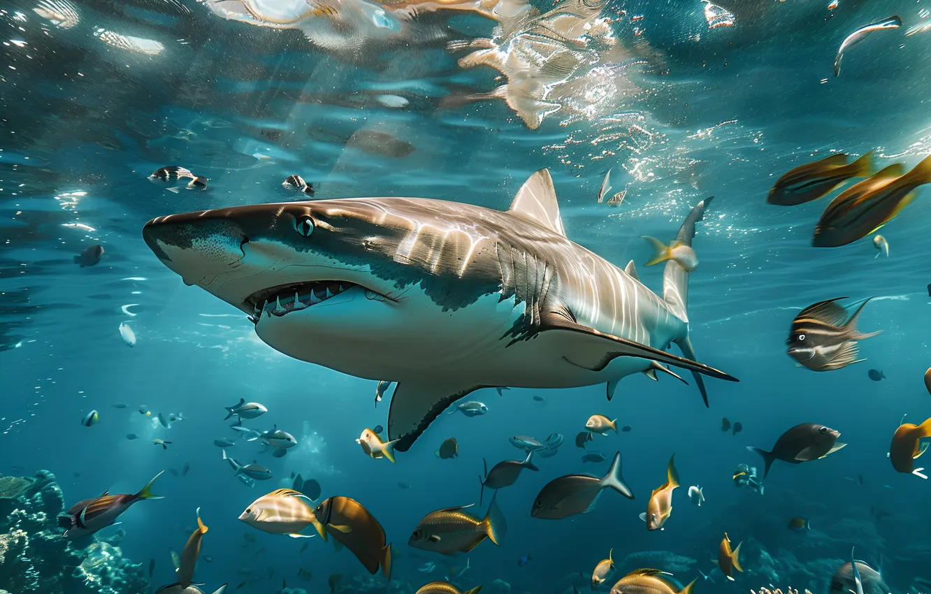 Photo wallpaper fish, predator, shark, underwater world, digital art, AI art, The Art of Artificial Intelligence, neural …