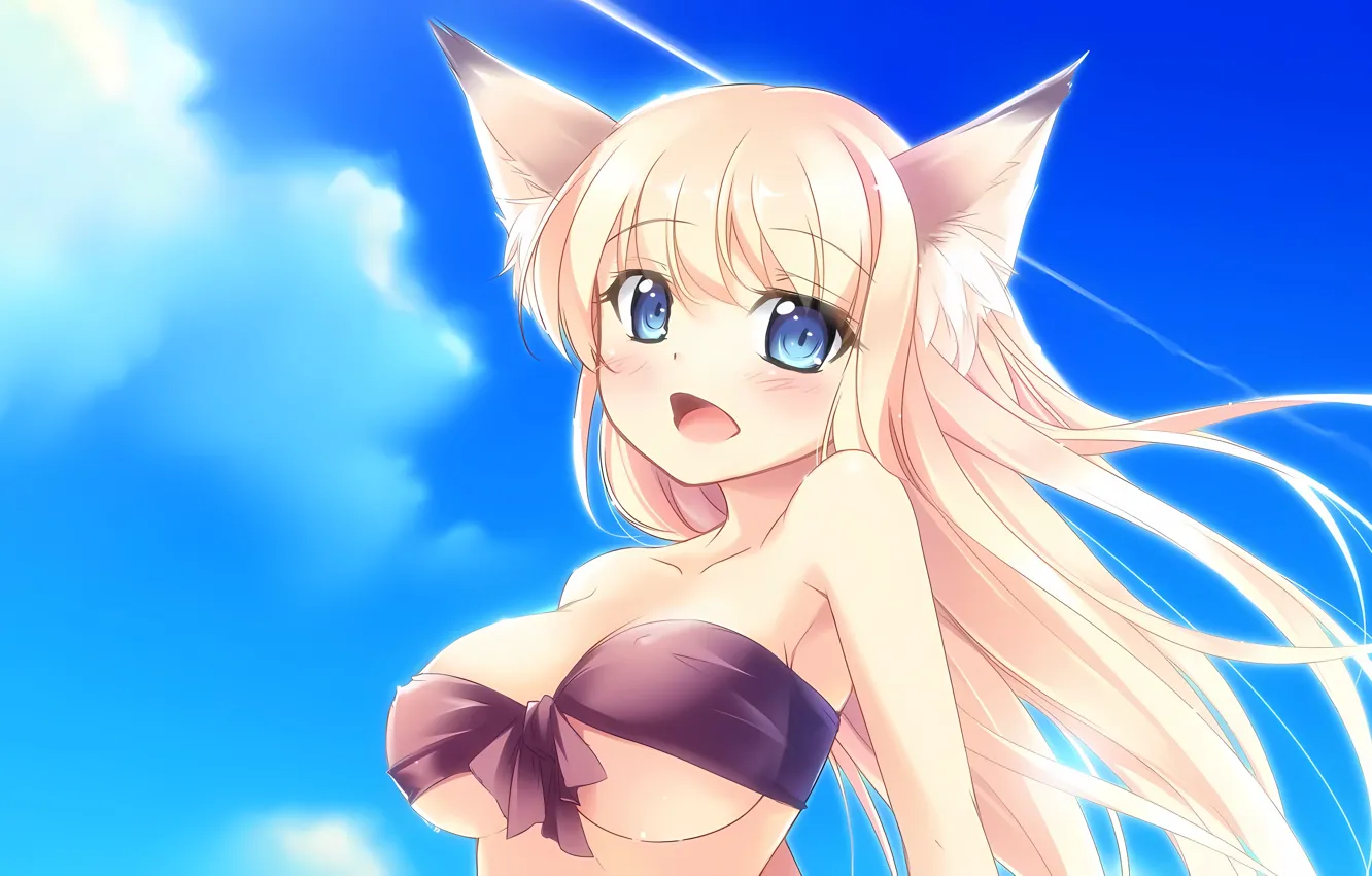 Photo wallpaper girl, sexy, cleavage, sky, long hair, boobs, animal ears, anime