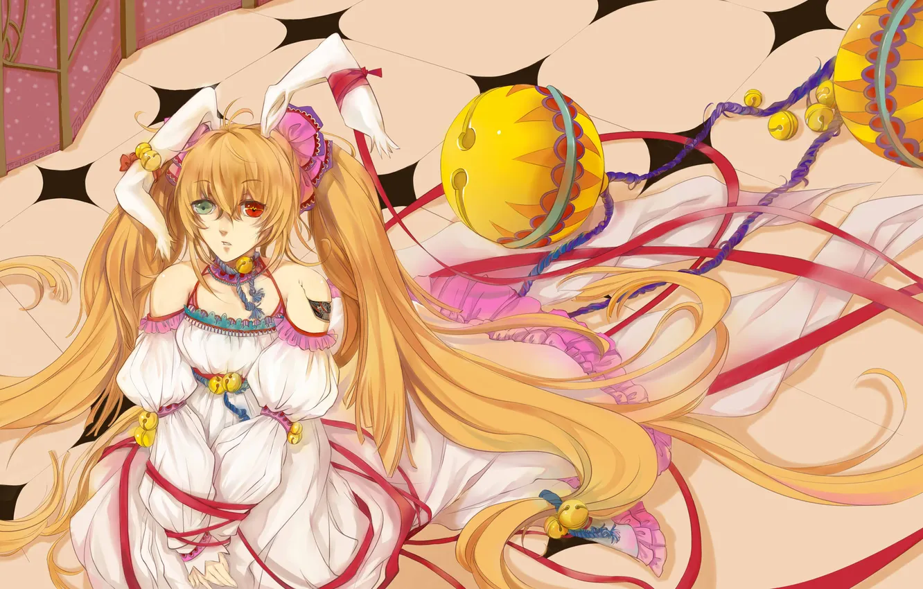 Photo wallpaper girl, anime, art, tape, bow, ears, heterochromia, bell