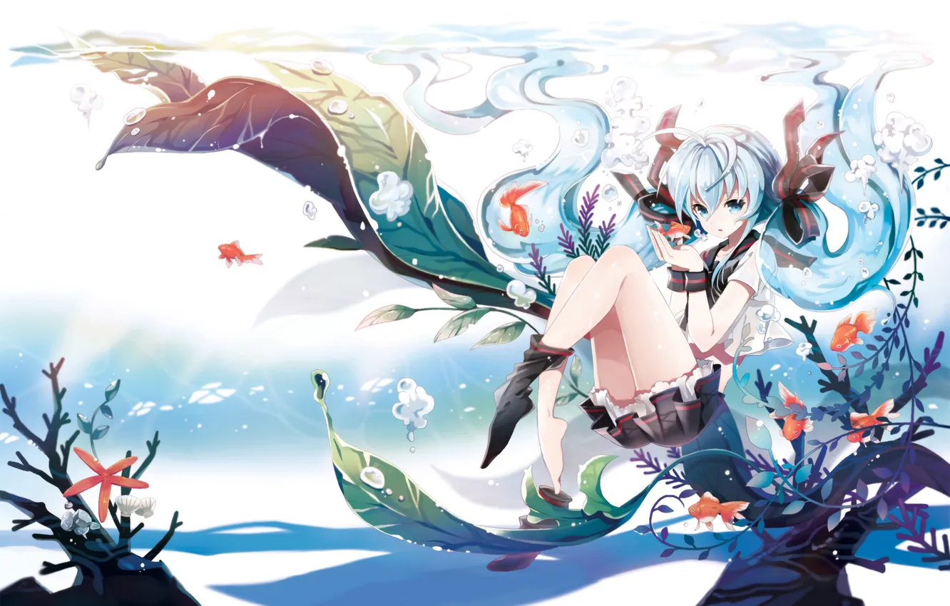 Photo wallpaper look, water, girl, fish, algae, surprise, vocaloid, hatsune miku