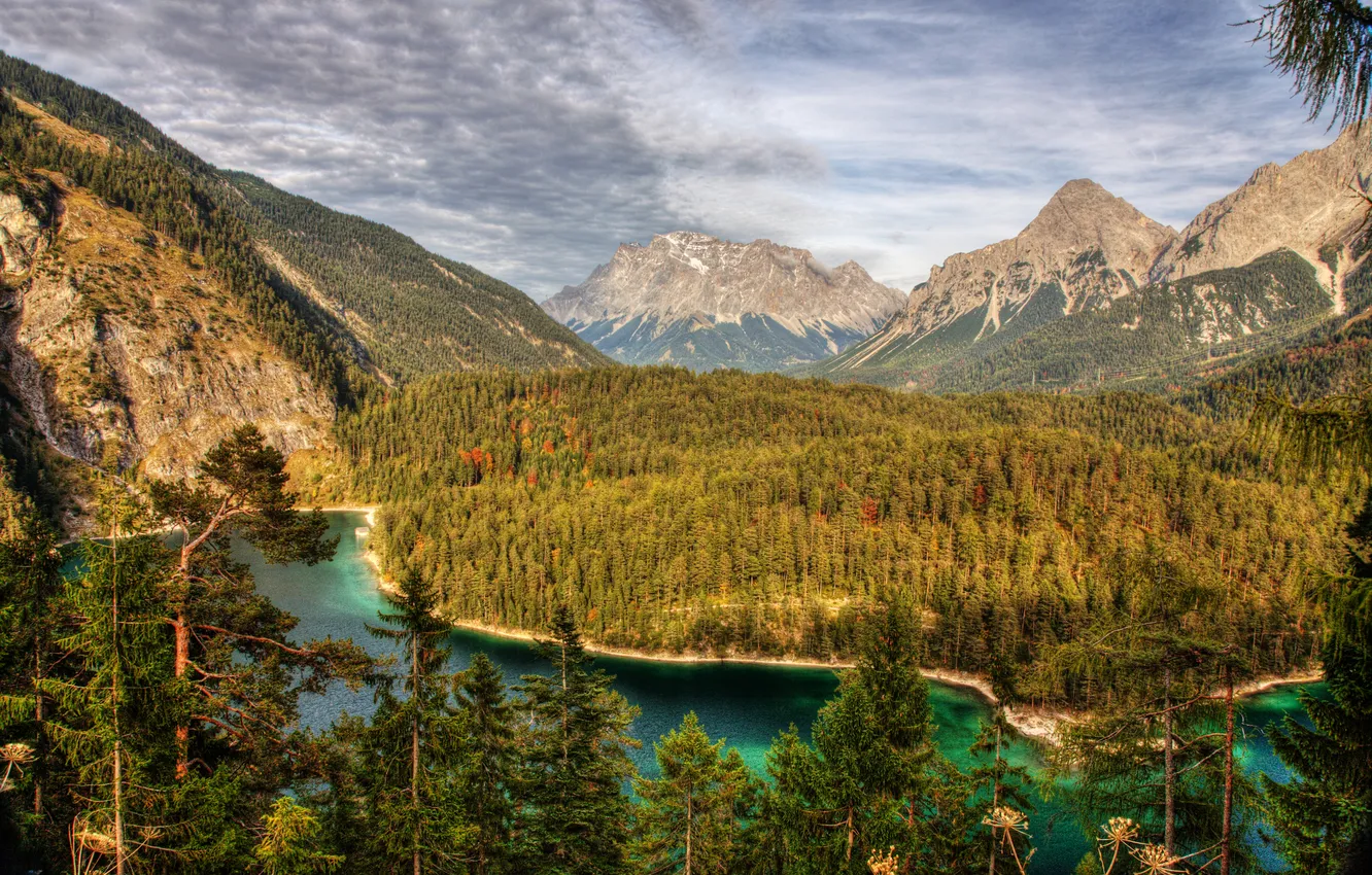 Photo wallpaper forest, mountains, river, HDR