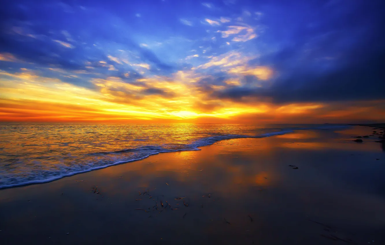 Photo wallpaper sand, sea, the sky, clouds, shore, tide, glow