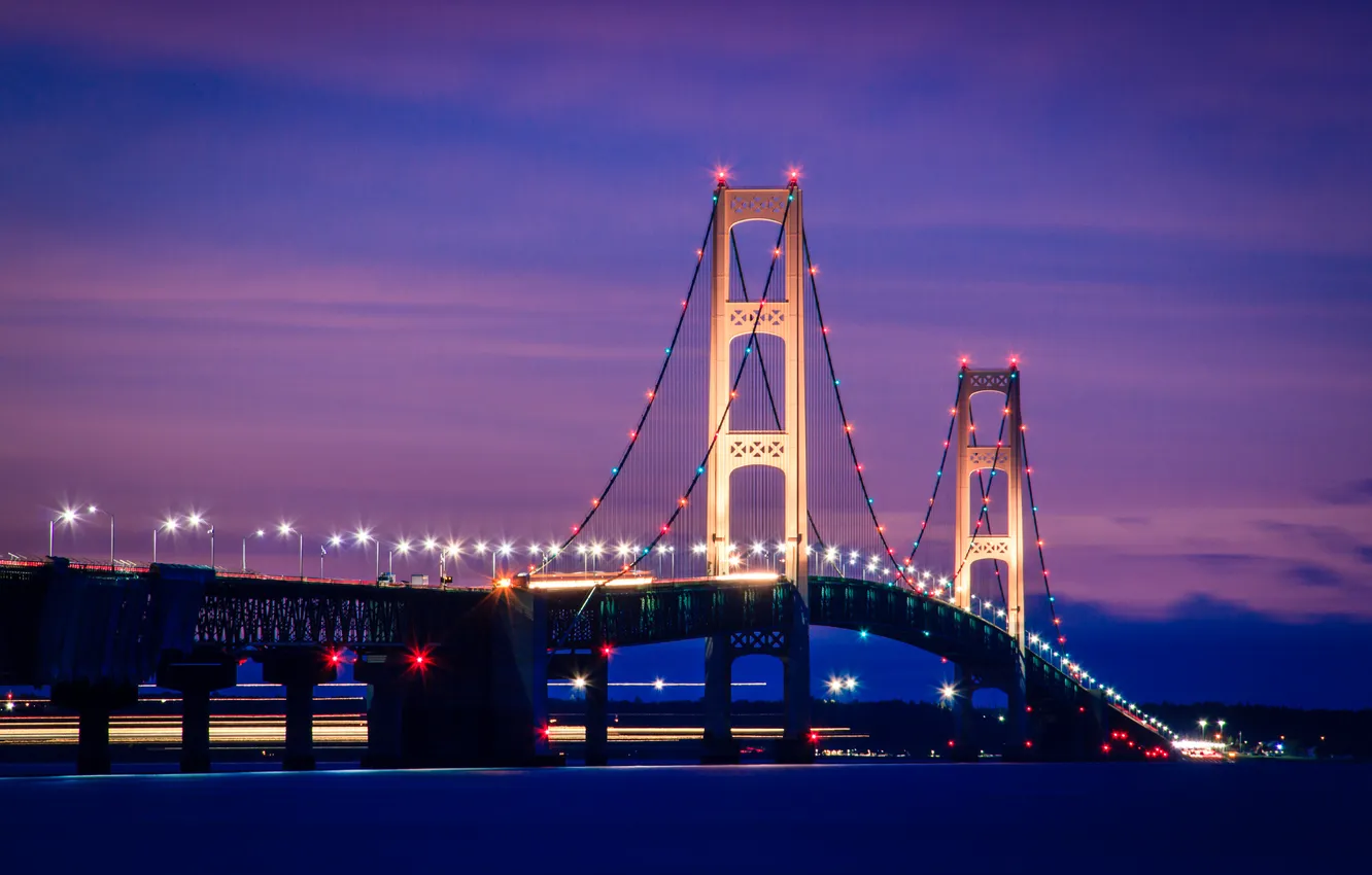 Photo wallpaper clouds, night, lights, Michigan, lake Michigan, United States, Mackinac bridge, Mackinaw City