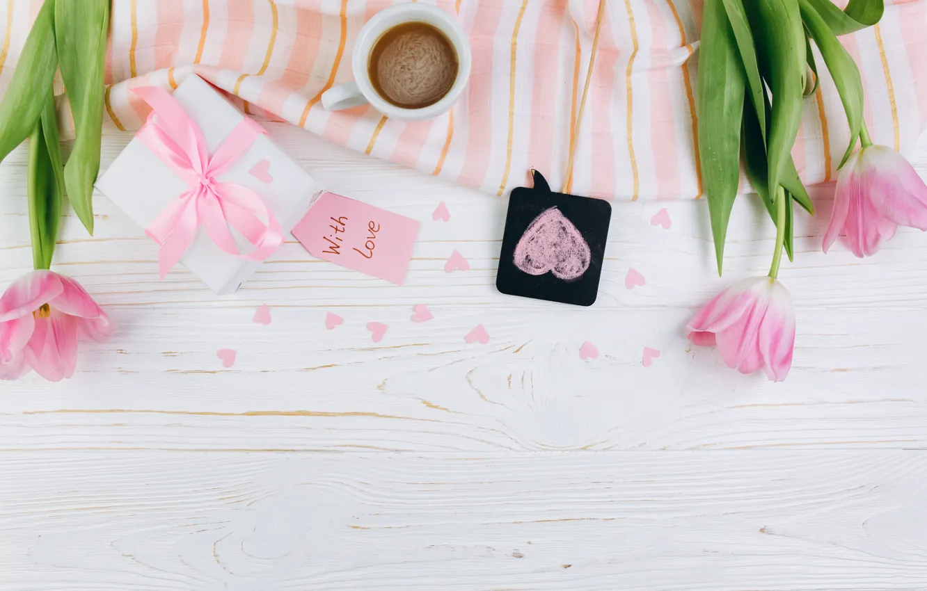 Photo wallpaper love, flowers, gift, Cup, hearts, tulips, love, pink