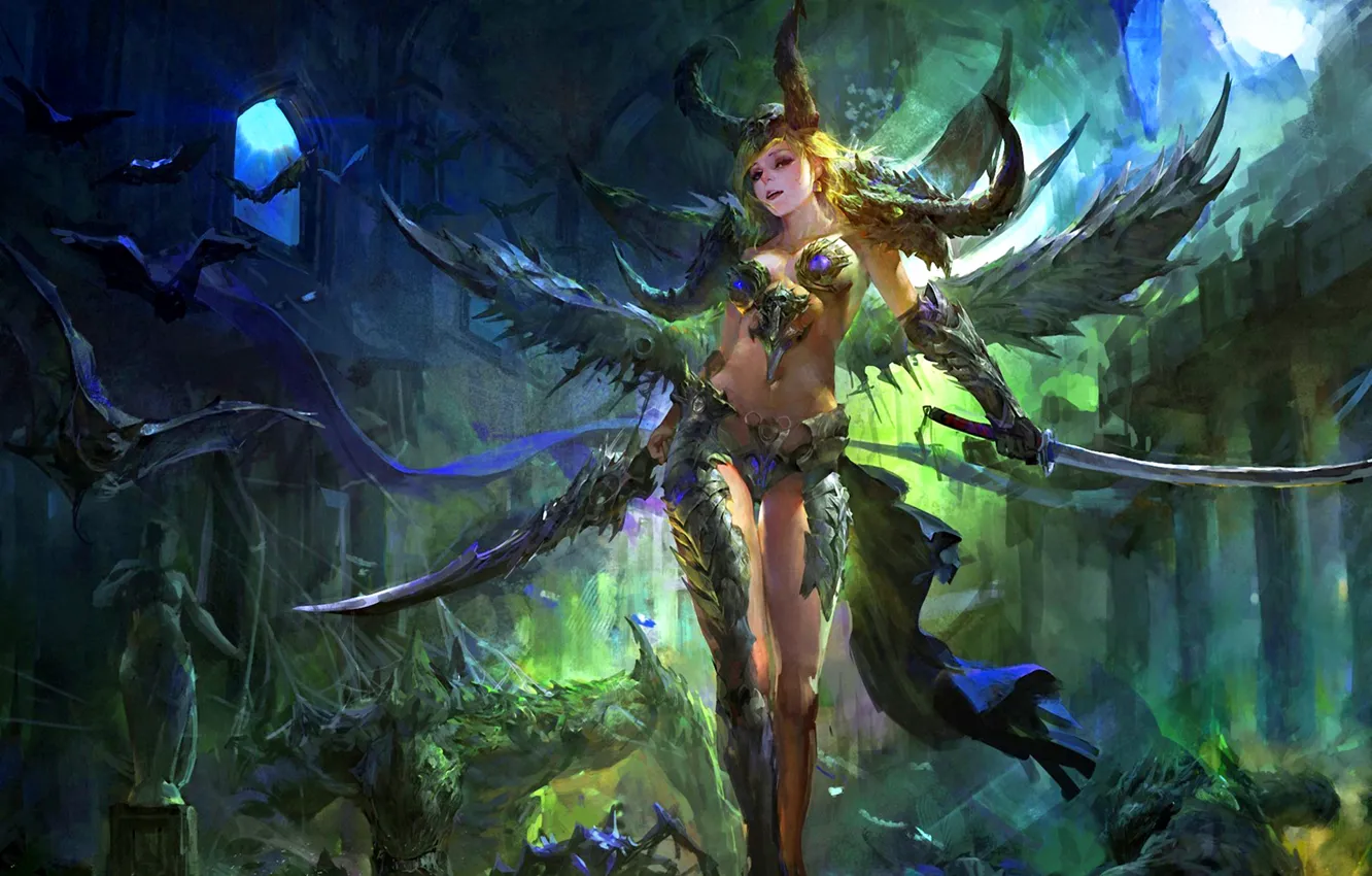 Photo wallpaper girl, fantasy, sword, warrior, art, horns