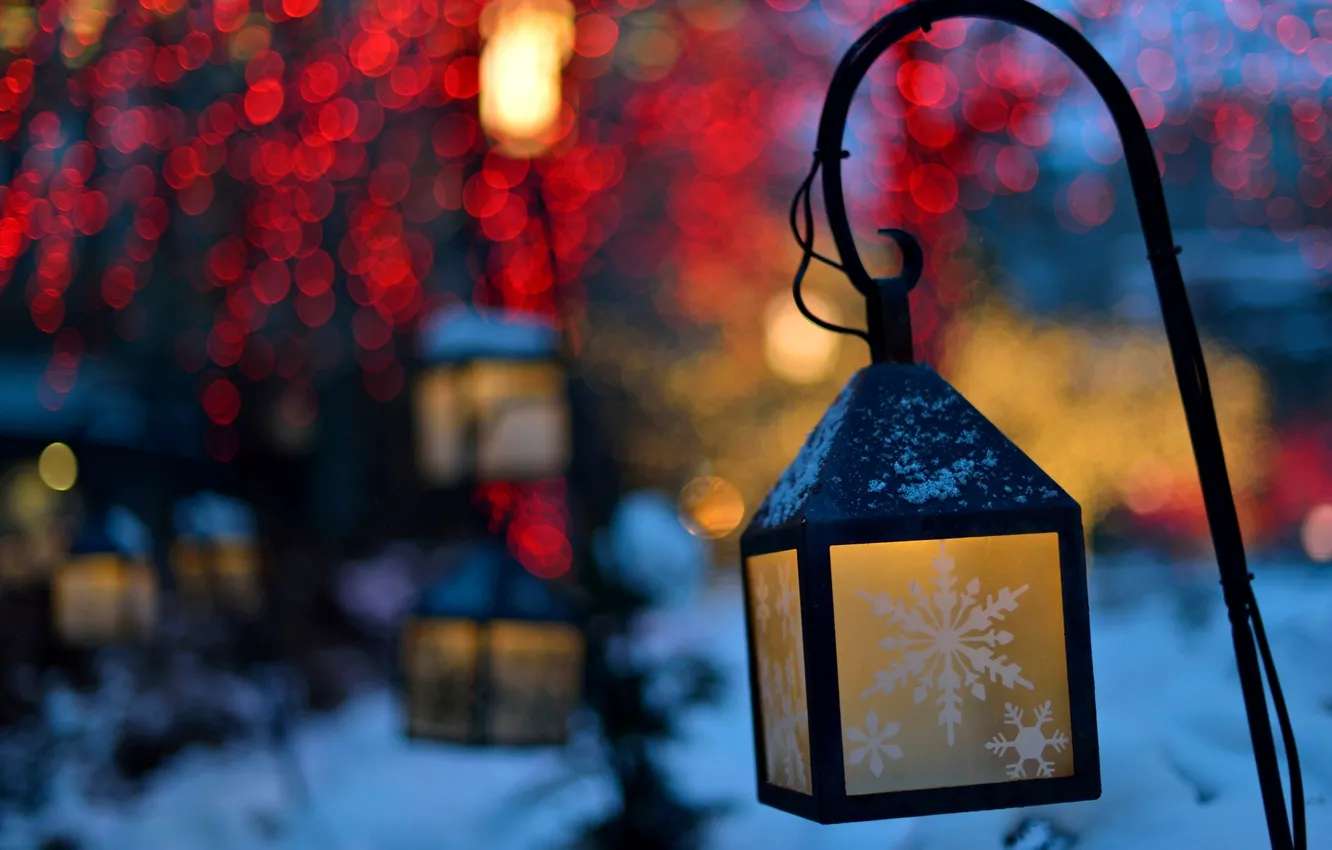 Photo wallpaper winter, snowflakes, nature, lights, the evening, lights, lanterns, bokeh