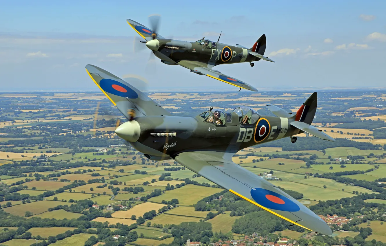 Photo wallpaper Fighter, Pair, Spitfire, Supermarine Spitfire, RAF, The Second World War