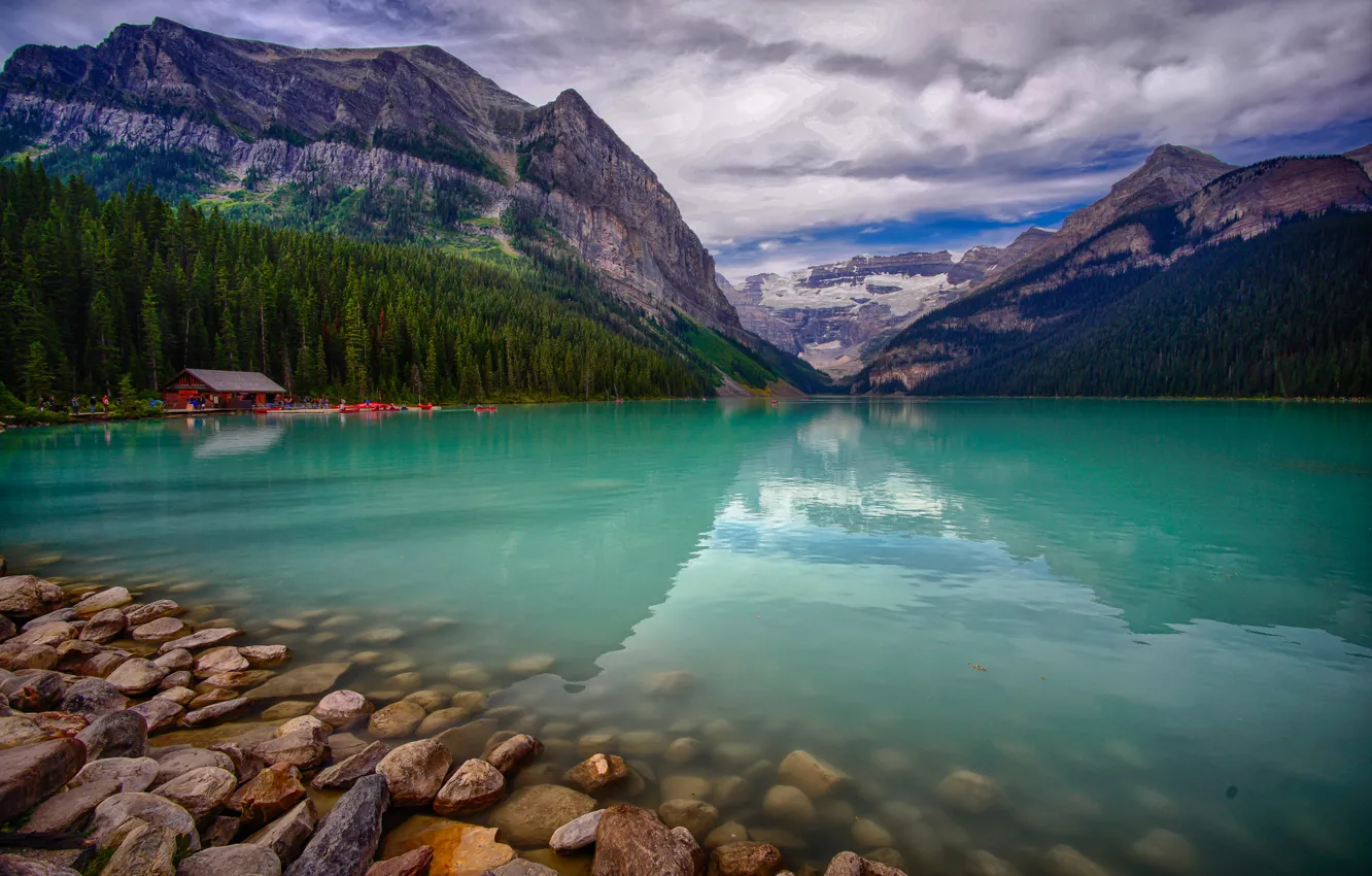 Photo wallpaper trees, landscape, mountains, lake, Canada, boathouse