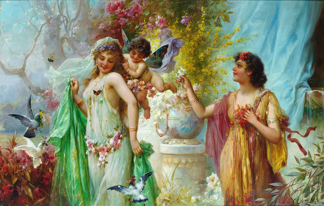 Photo wallpaper girl, trees, flowers, picture, pigeons, Hans Zatzka, Austrian artist, Hans Zacka