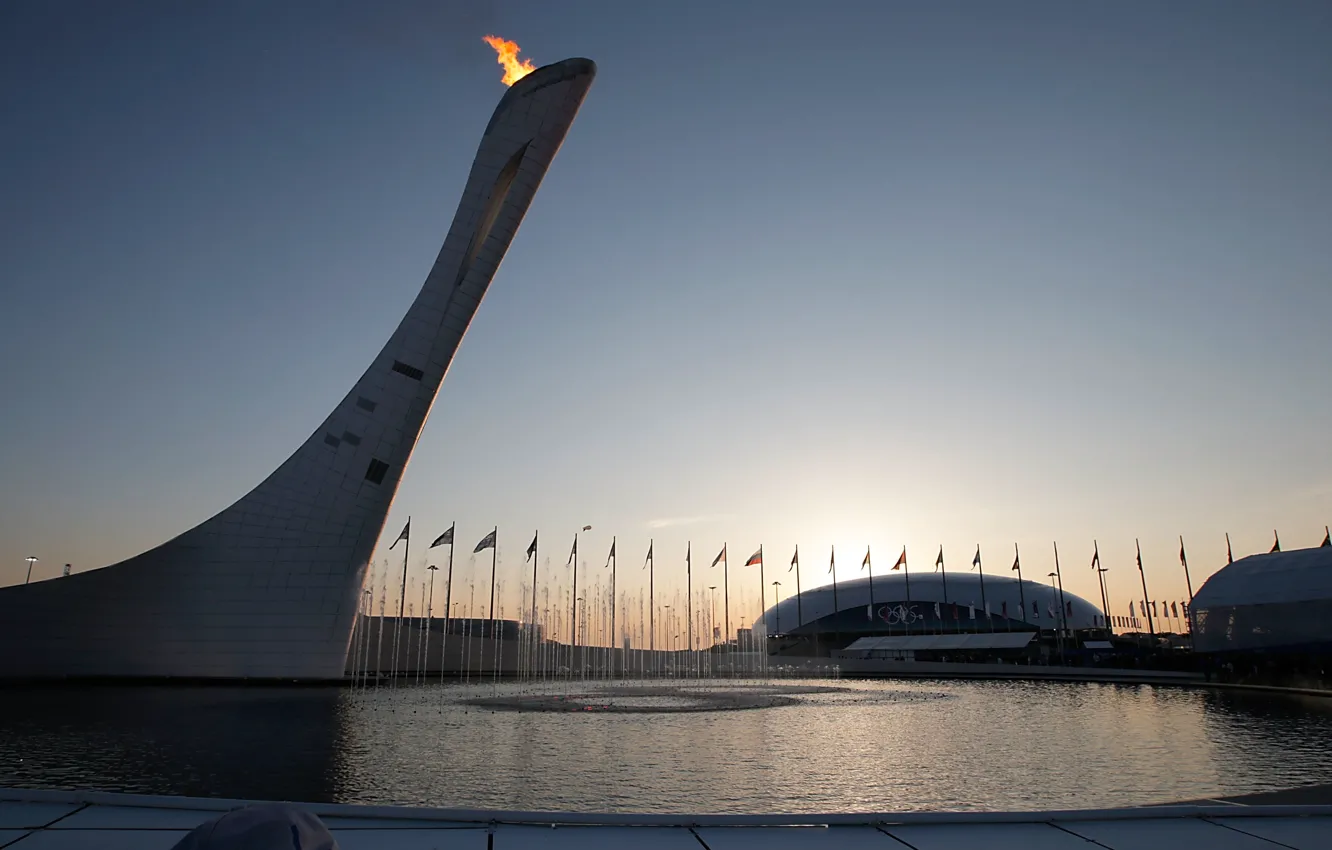 Photo wallpaper water, sunset, fire, fountain, Sochi, The XXII Winter Olympic Games, sochi 2014 olympic winter games, …