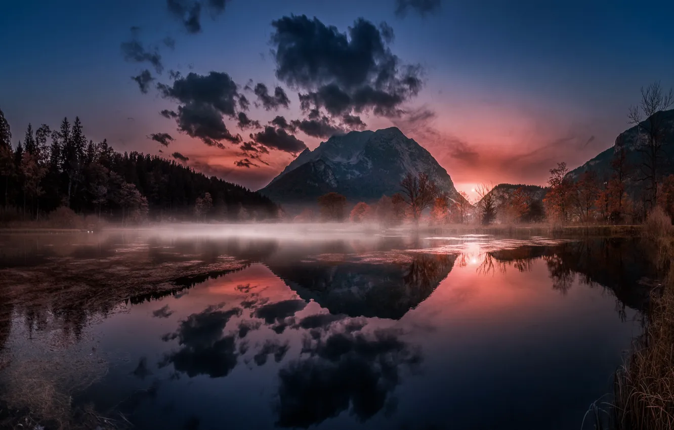 Photo wallpaper sunset, mountains, nature, lake