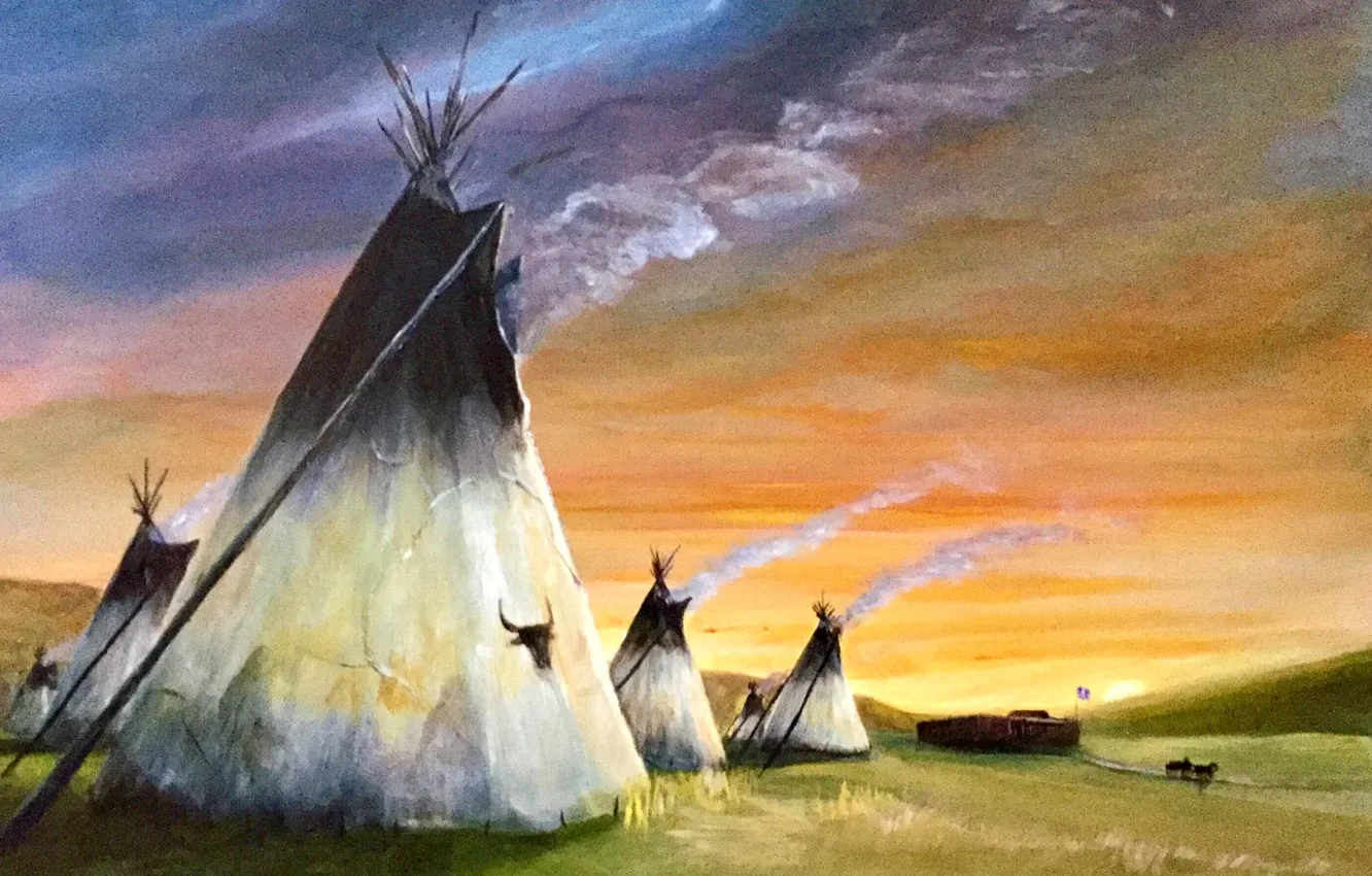 Photo wallpaper landscape, America, Prairie, Indian, wigwam