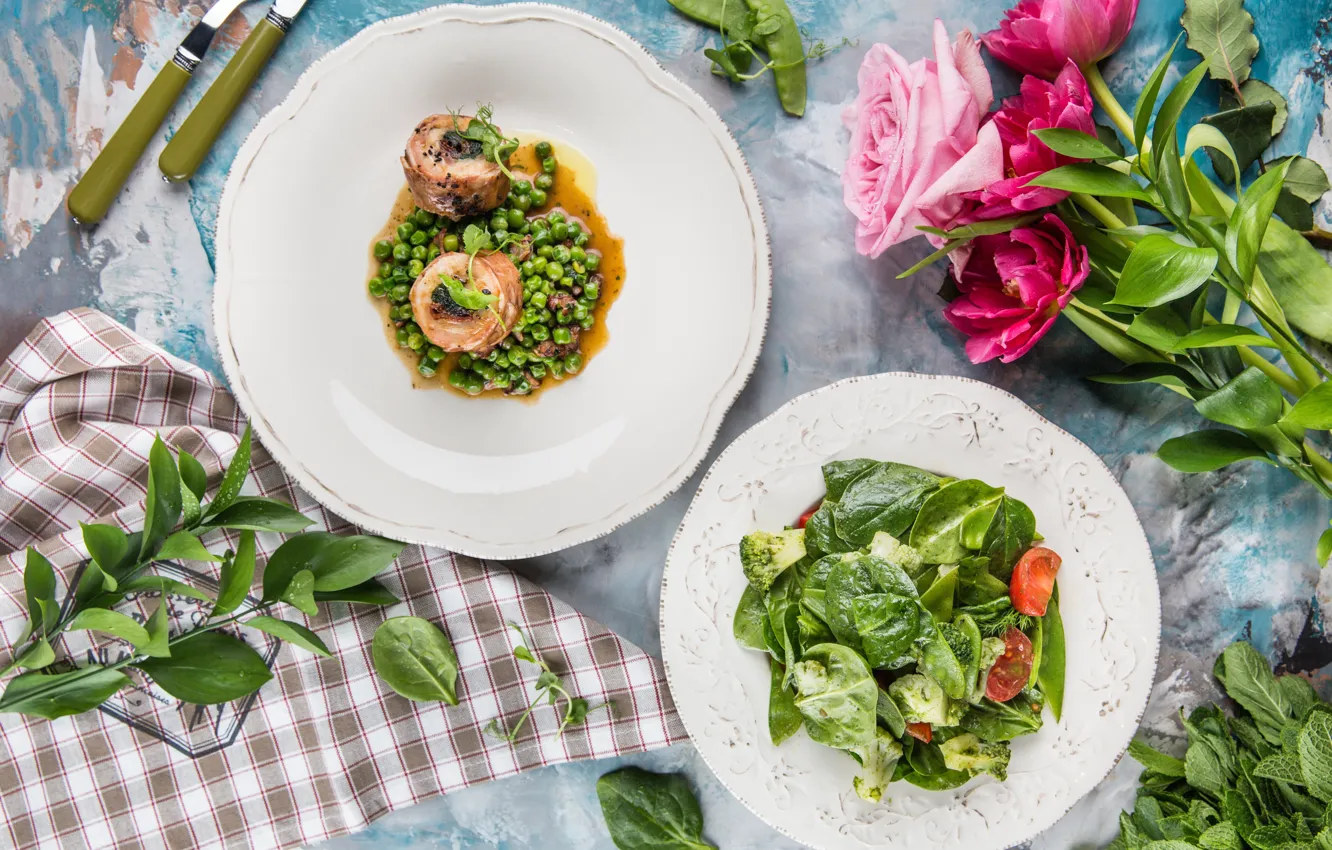 Photo wallpaper flowers, roses, bouquet, polka dot, salad, the second dish