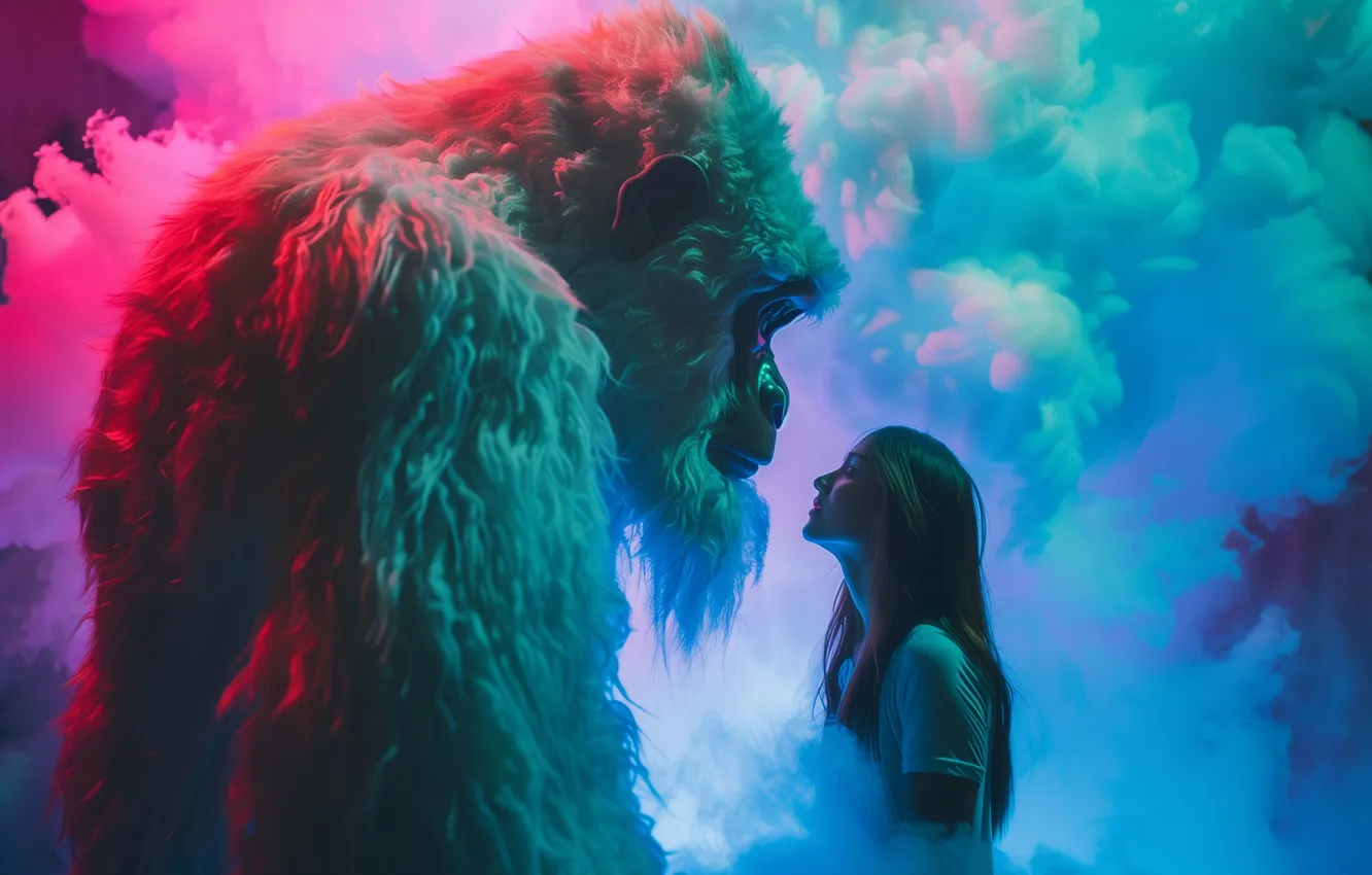 Photo wallpaper look, girl, being, two, Yeti, Bigfoot, digital art, Bigfoot
