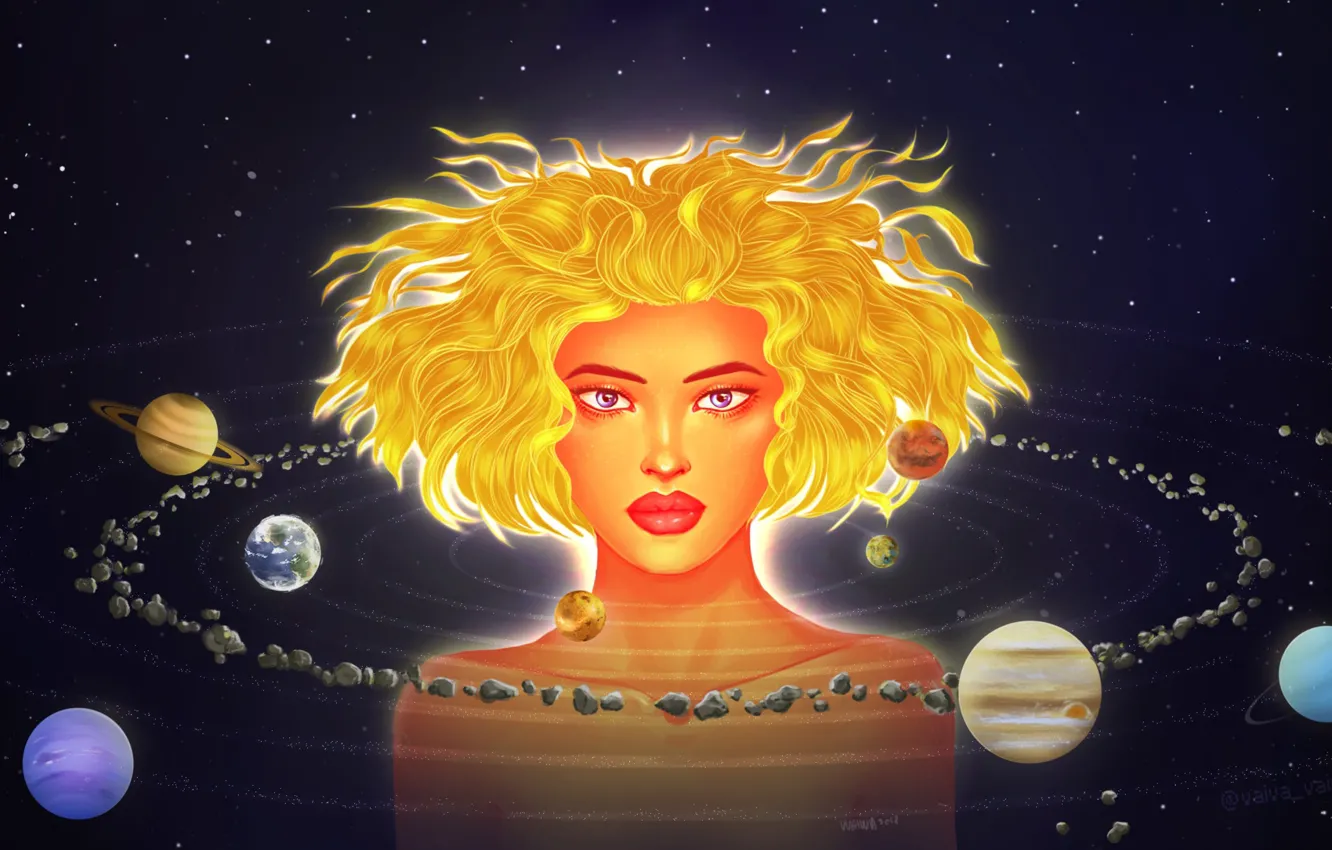 Photo wallpaper girl, space, stars, face, earth, planet, Saturn, asteroids