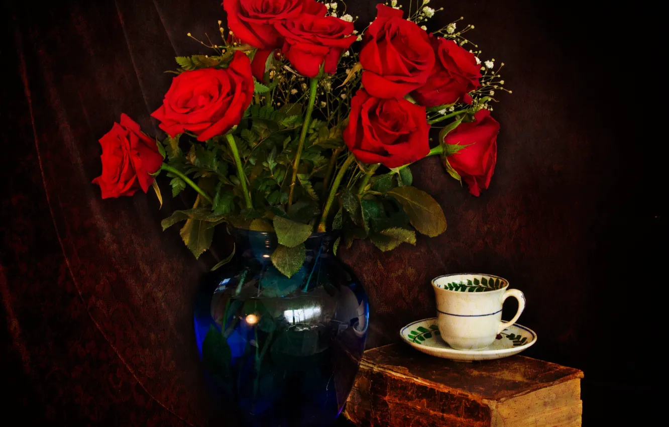 Photo wallpaper roses, Cup, red, book, vase, still life, saucer