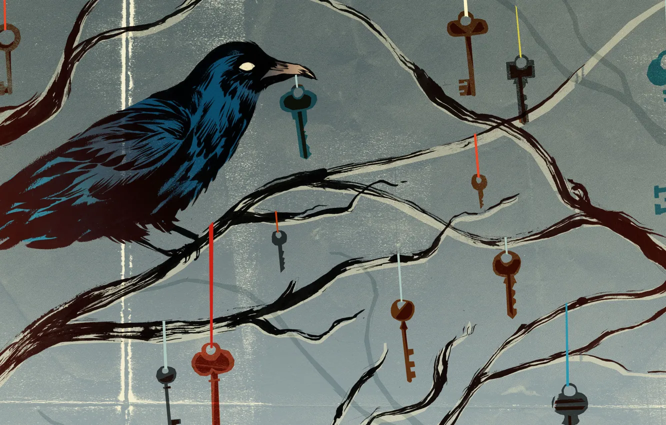 Photo wallpaper branches, keys, ribbons, Crow