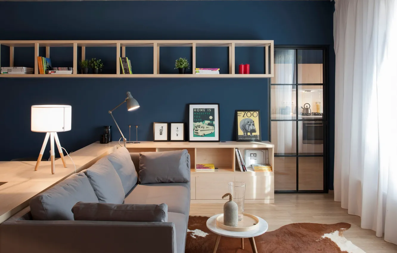Photo wallpaper interior, sofa, living room, Apartment Solo, by Bogdan Ciocodeica & Diana Rosu, kitchen
