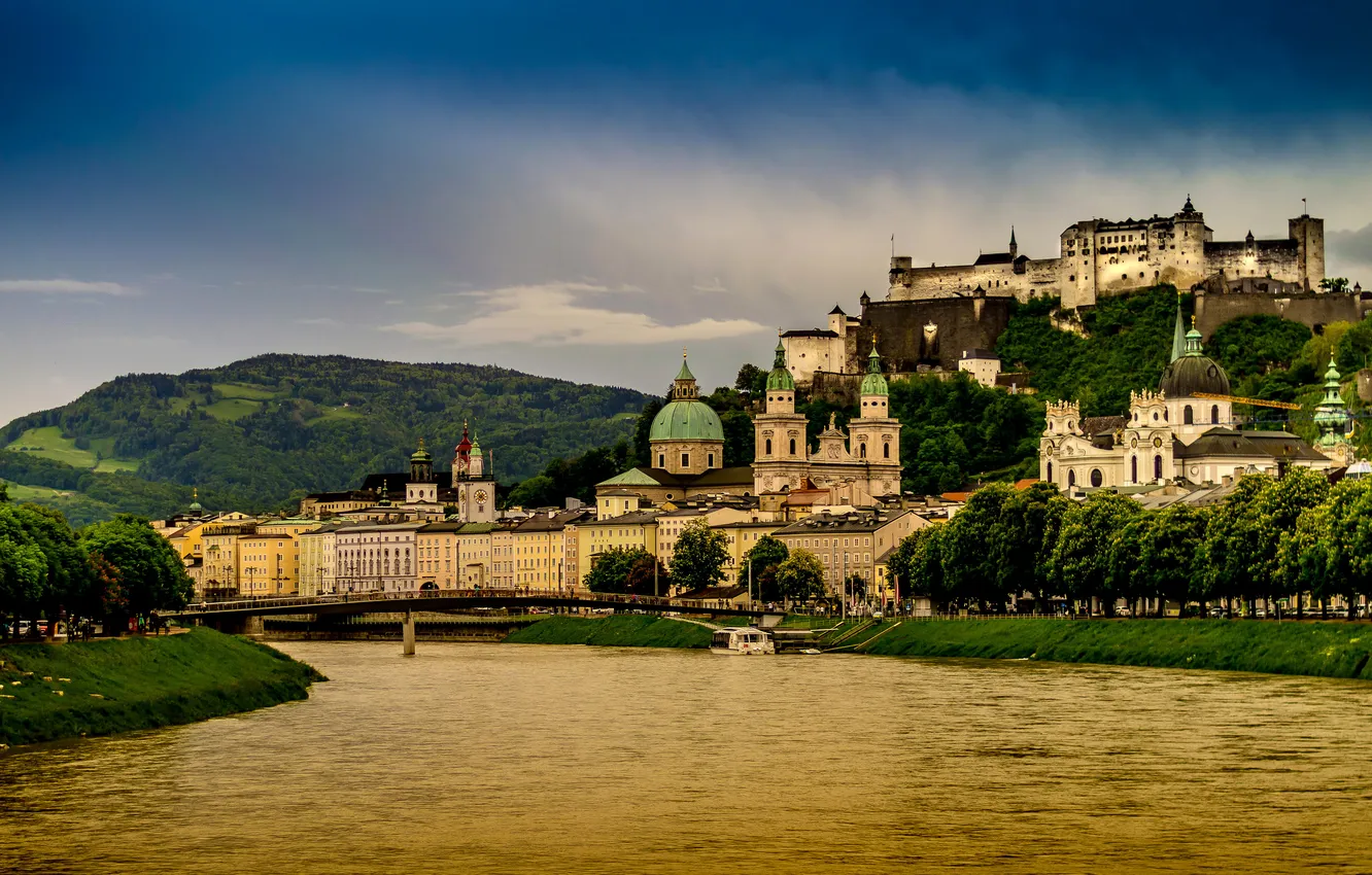 Photo wallpaper the city, river, photo, castle, home, Austria, Salzburg