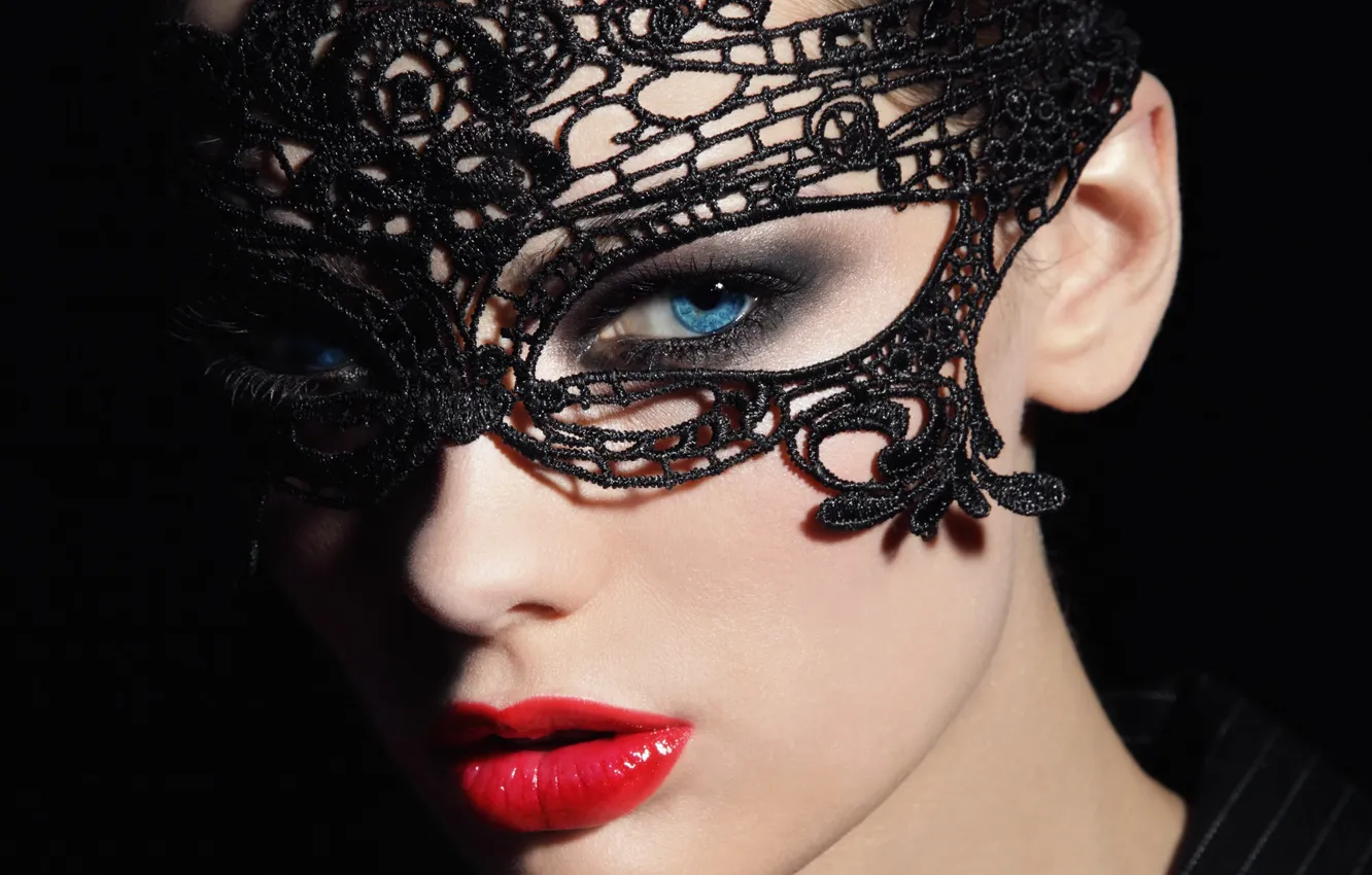 Photo wallpaper look, girl, face, background, pattern, model, makeup, mask