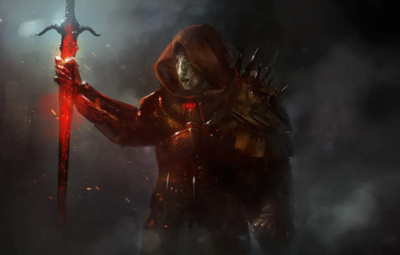 Photo wallpaper look, girl, face, weapons, pattern, art, Distant Star, a red-hot sword