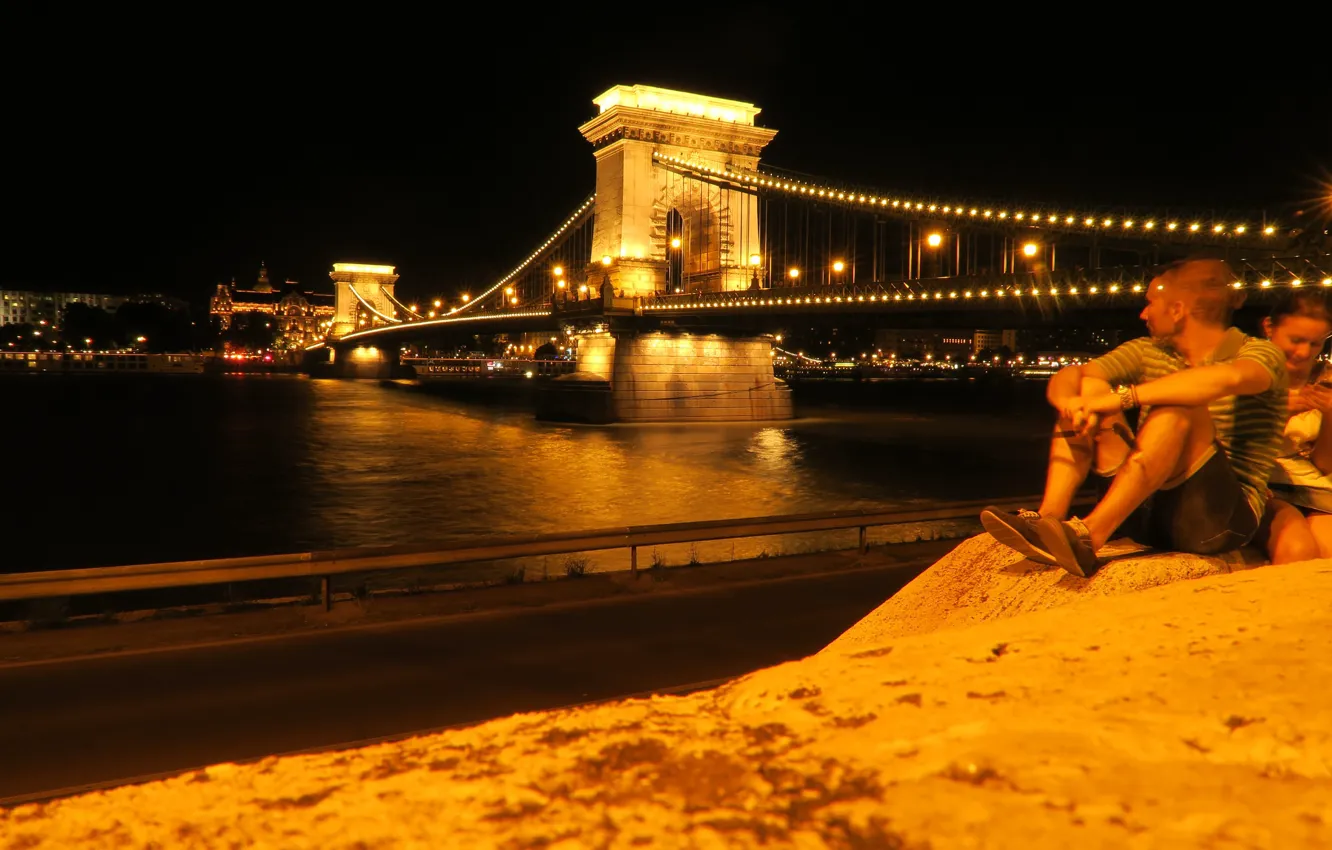 Photo wallpaper night, lights, river, support, Hungary, Budapest, The Danube, Chain bridge