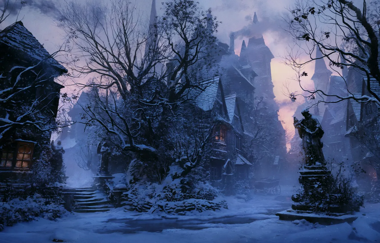 Photo wallpaper winter, trees, smoke, home, statue, by Yura Gvozdenko