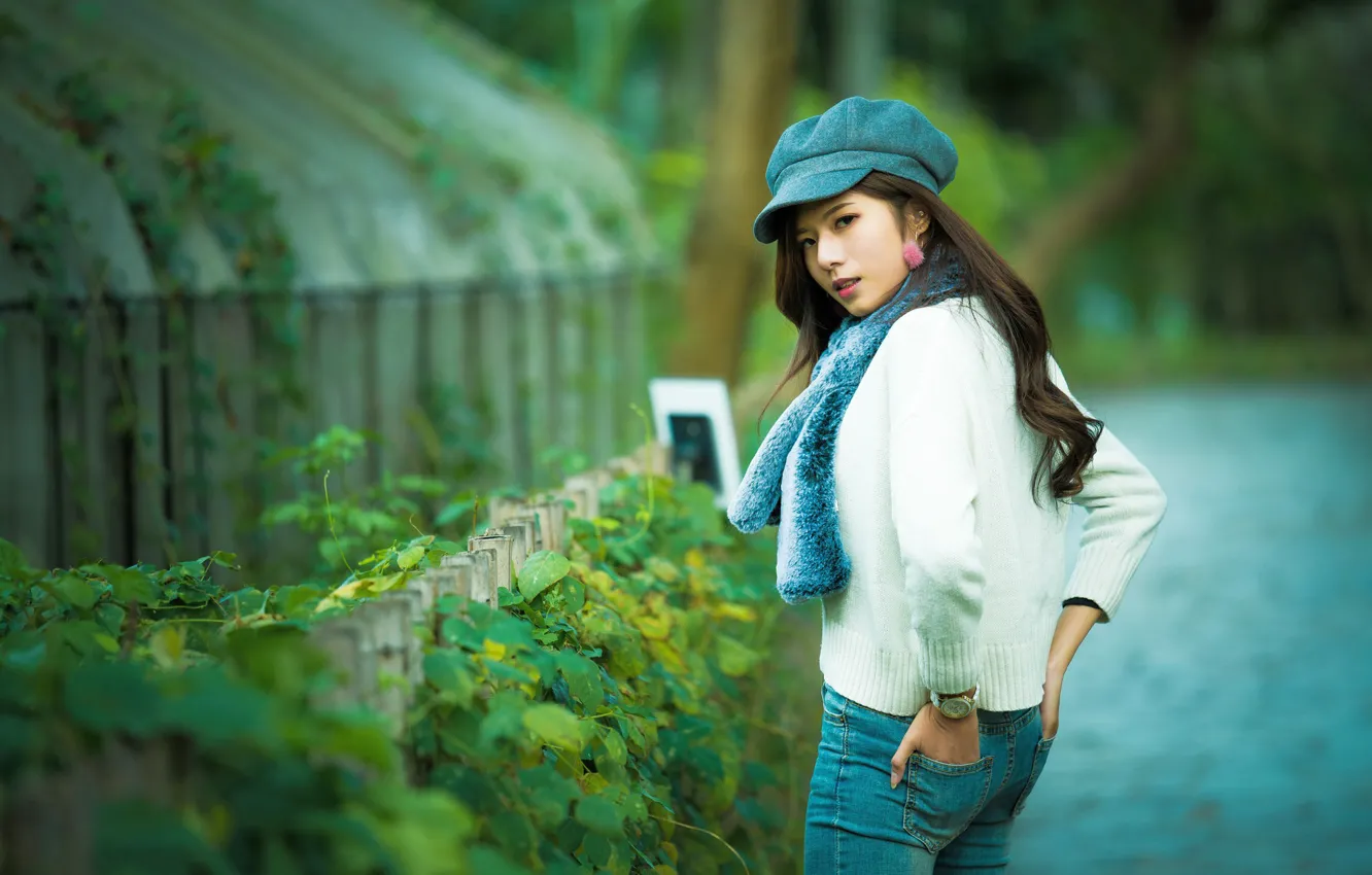 Photo wallpaper girl, cap, Asian, cutie