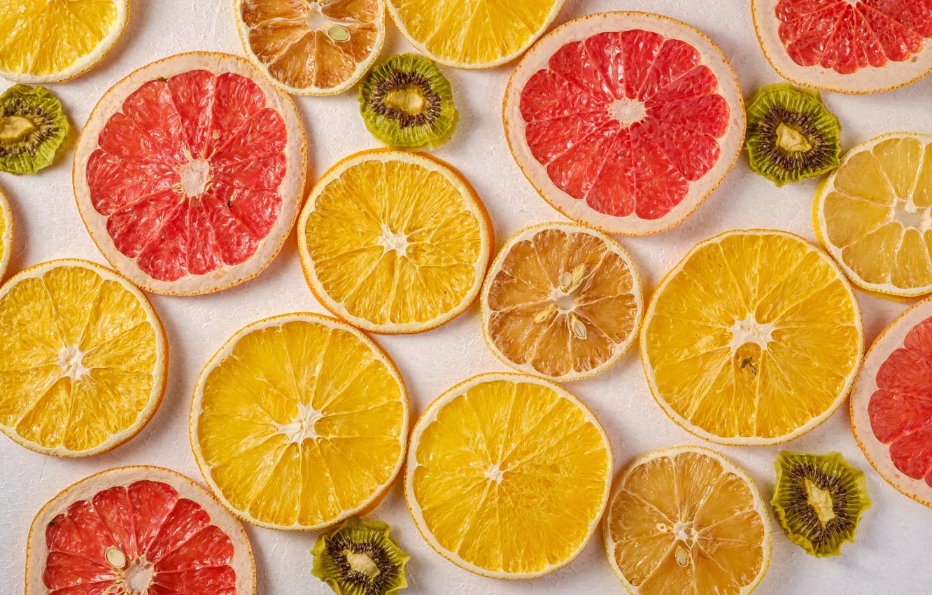 Photo wallpaper lemon, orange, kiwi, fruit, light background, circles, a lot, grapefruit