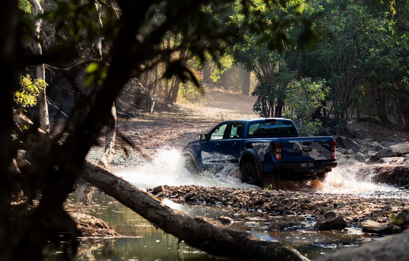 Photo wallpaper forest, squirt, blue, Ford, Raptor, pickup, 2018, Ranger